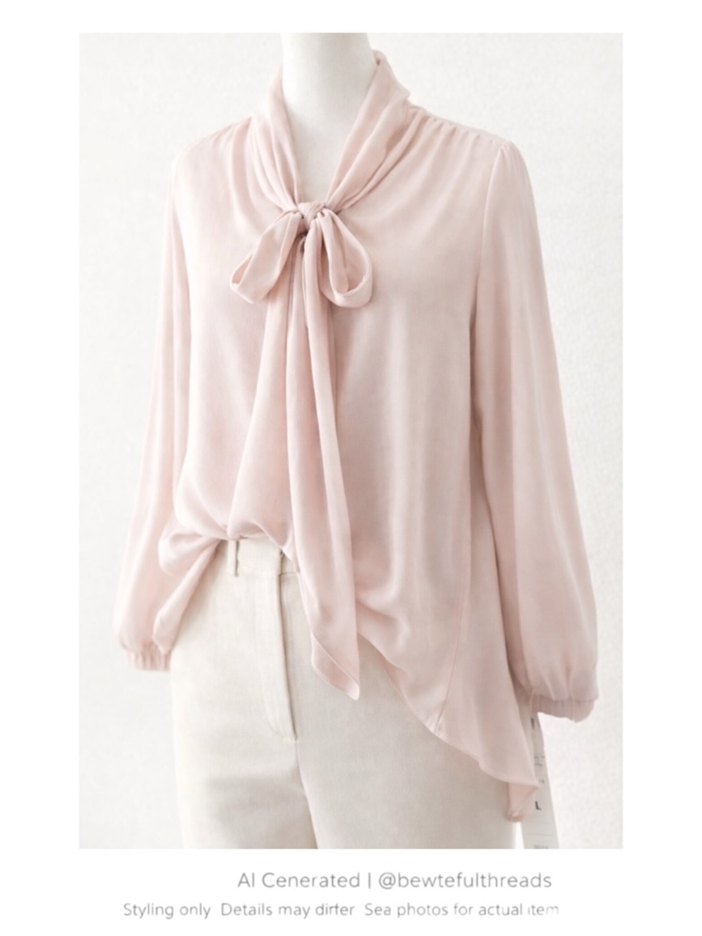 Blush Tie Neck Blouse Romantic Office Chic Asymmetrical Flowy Top L